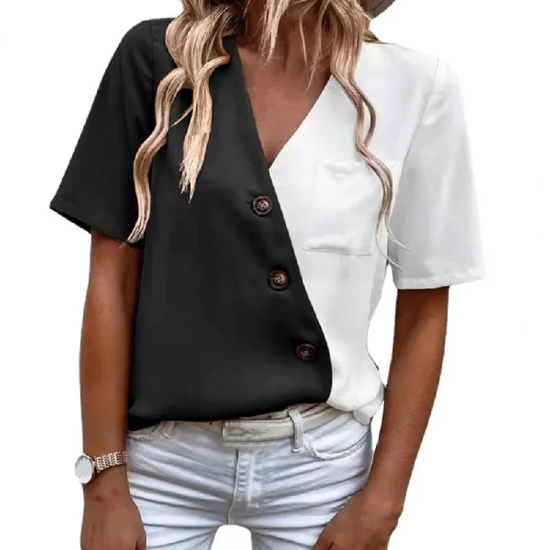 summer-women-blouse-v-neck-short-sleeve-buttons-decor-lady-shirt-color-block-patchwork-casual-loose-pullover-top-streetwear