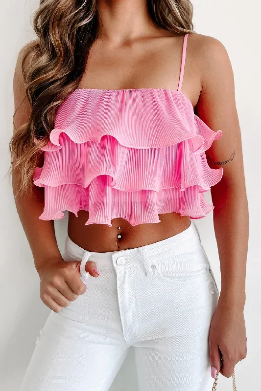 Swaying Palms Tiered Pleated Ruffle Crop Top (Bubblegum Pink)