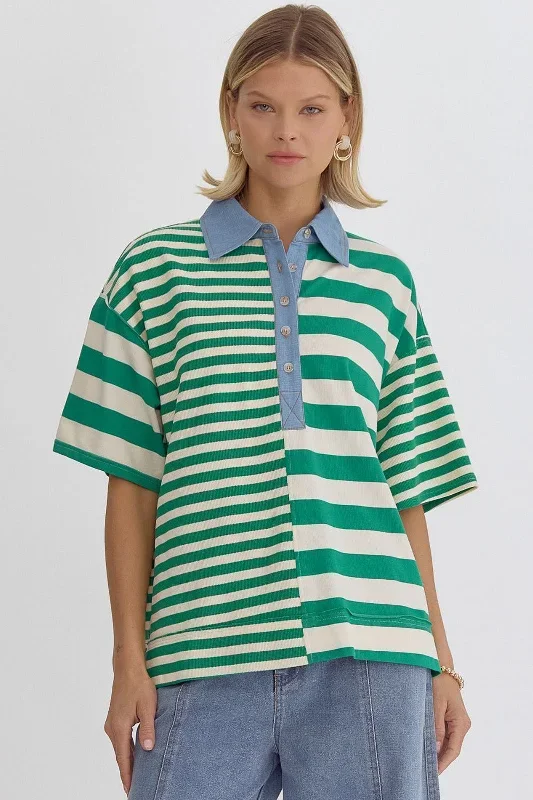 Taha Striped Denim Collared Top