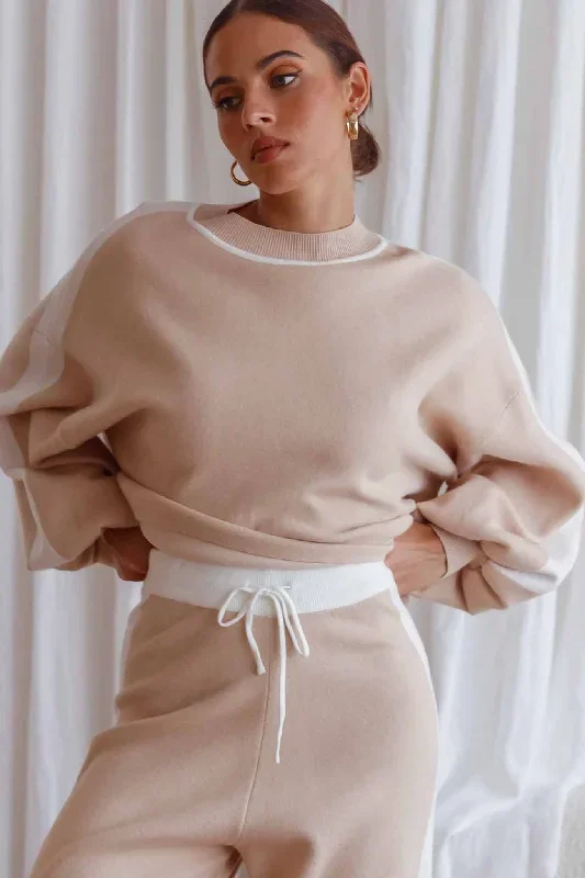 Take Me Back Balloon Sleeve Drop Shoulder Brushed Knit Sweater Beige