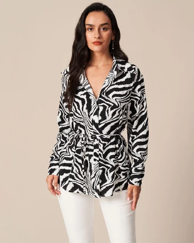 The Black Lapel Zebra Tie Waist Button Shirt