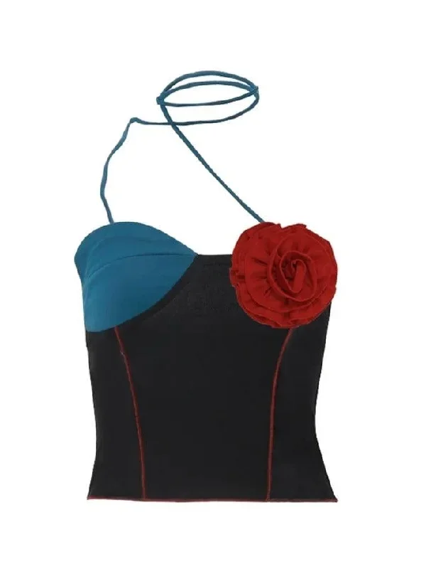 three-dimensional-flower-decor-splice-halter-vest