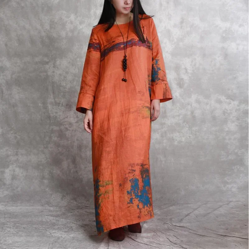 top quality orange linen maxi dress trendy plus size Chinese Button caftans boutique prints caftans