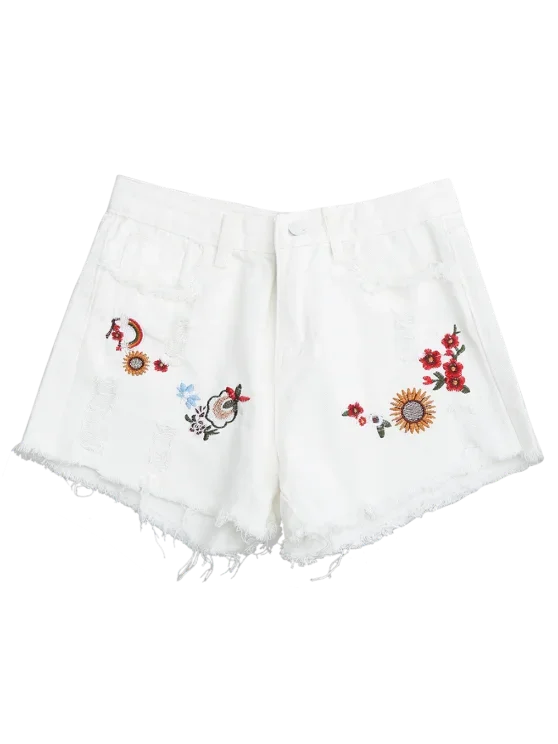 Trendy Embroidered Frayed Hem Ripped Denim Short