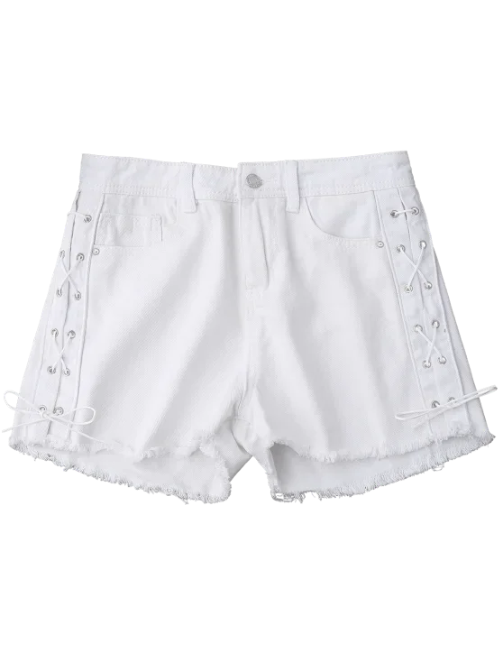 trendy-frayed-hem-side-lace-up-denim-shorts