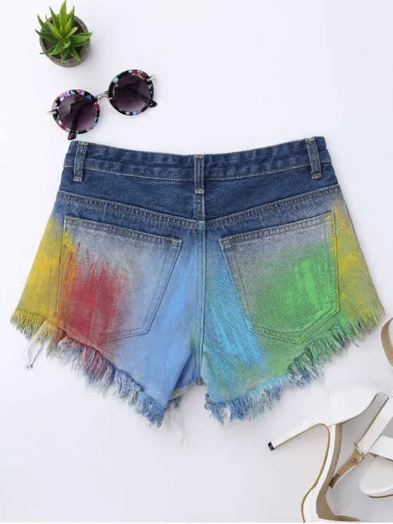 trendy-spray-painting-ripped-frayed-hem-denim-shorts