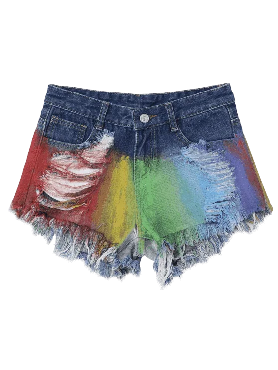 trendy-spray-painting-ripped-frayed-hem-denim-shorts