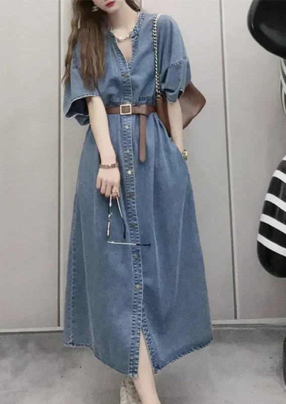 Unique Blue V Neck Patchwork Sashes Button Denim Long Dress Short Sleeve