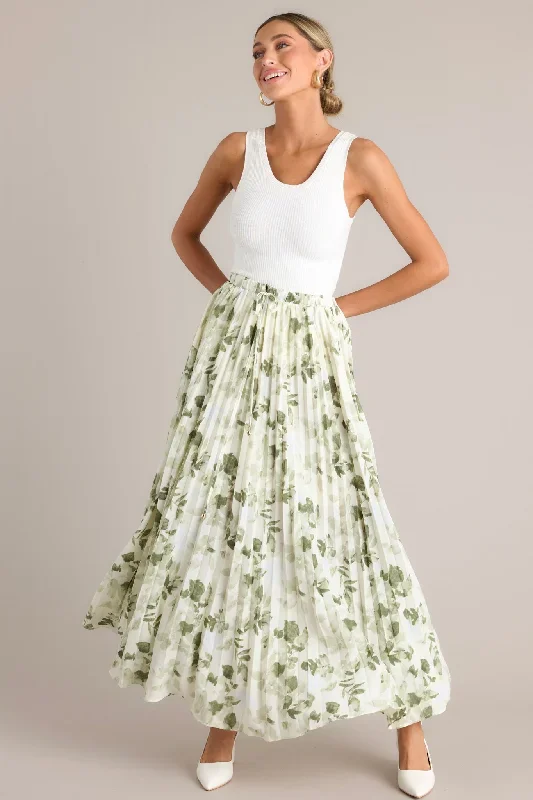 Verdant Garden Green Floral Pleated Maxi Skirt