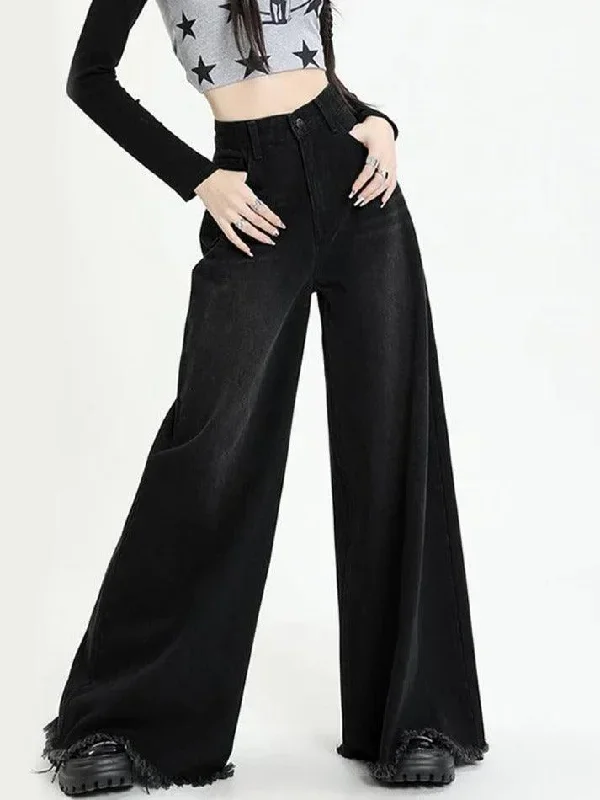 Versatile Black Raw Edge Wide Leg Boyfriend Jeans