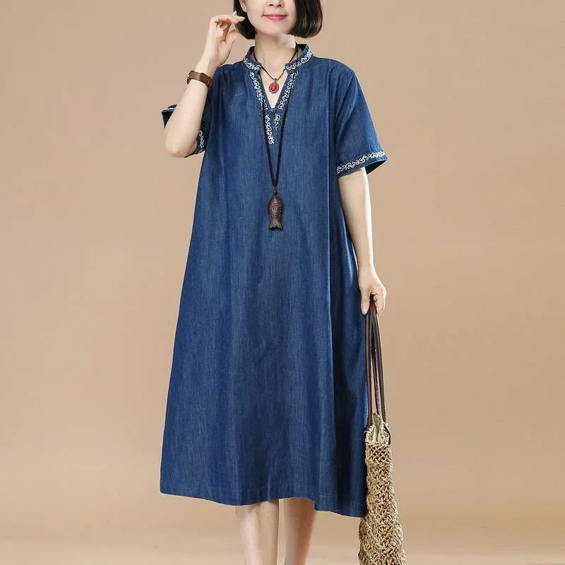 vintage denim blue cotton shift dress embroidery casual sundress v neck dress