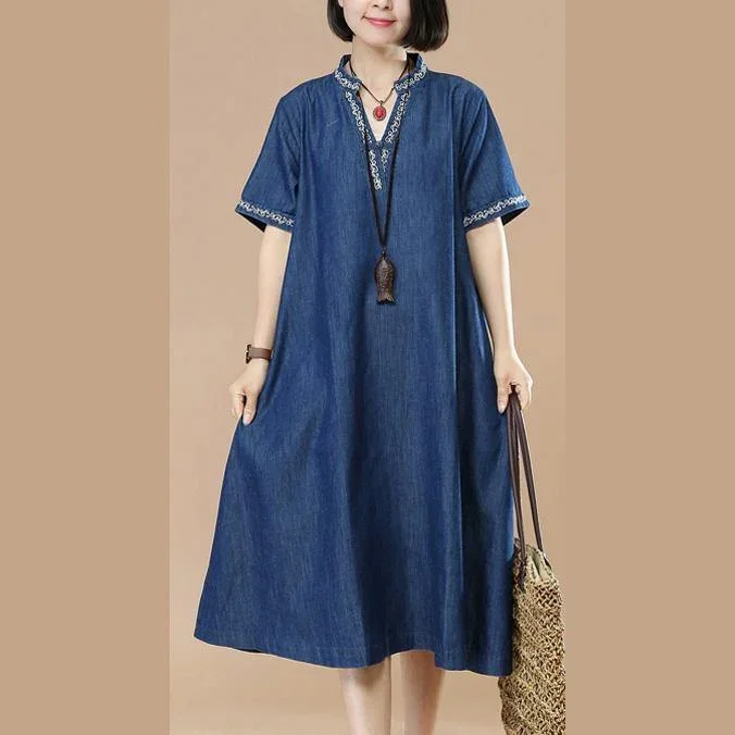 vintage-denim-blue-cotton-shift-dress-embroidery-casual-sundress-v-neck-dress