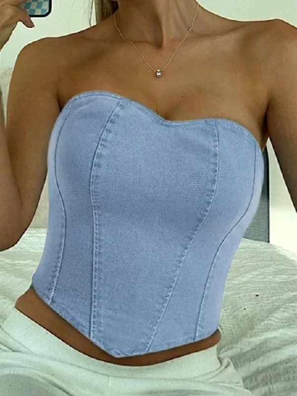 Vintage Denim Irregular Hem Corset Bandeau Top