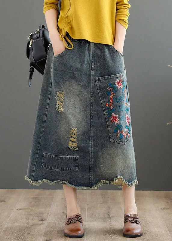 Vintage Grey Asymmetrical Embroideried Patchwork High Waist Denim Maxi Skirts Summer