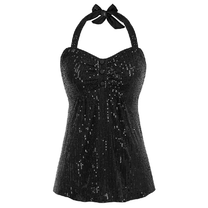 Vintage Two-Way Halter/Cross Back Tops Sweetheart Neck Sequined Tops