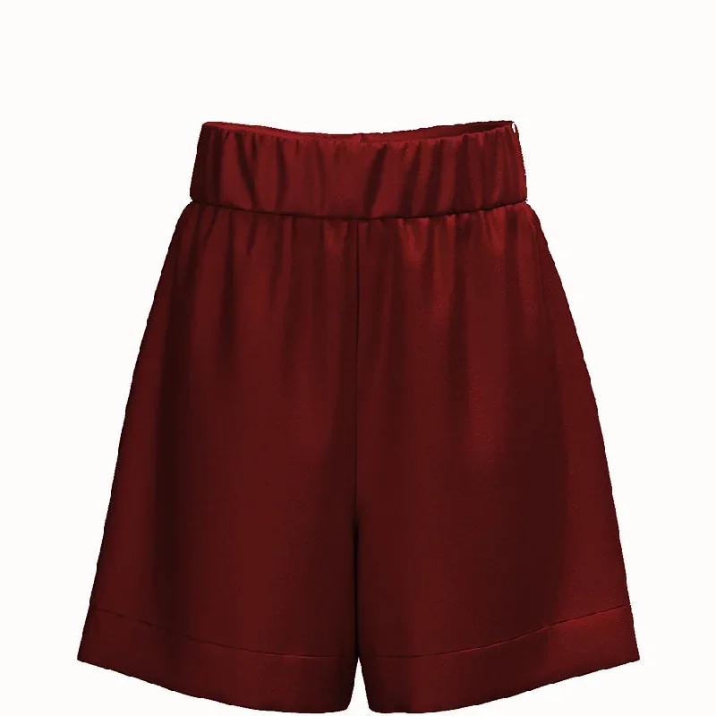 WIDE SATIN SILK SHORTS IN BORDEAUX