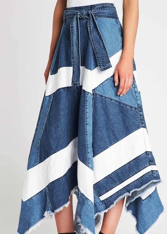 women-blue-asymmetrical-patchwork-denim-a-line-skirts-summer