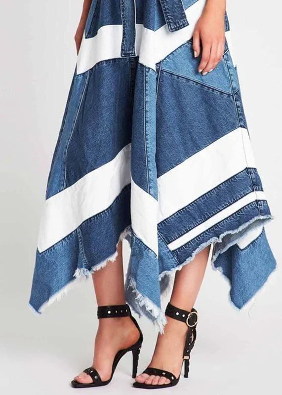 women-blue-asymmetrical-patchwork-denim-a-line-skirts-summer