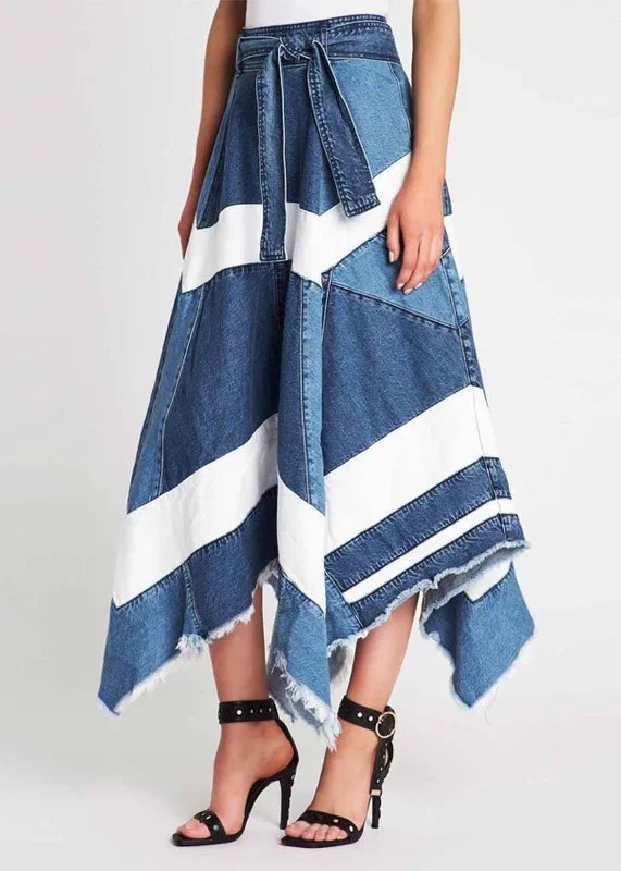 women-blue-asymmetrical-patchwork-denim-a-line-skirts-summer