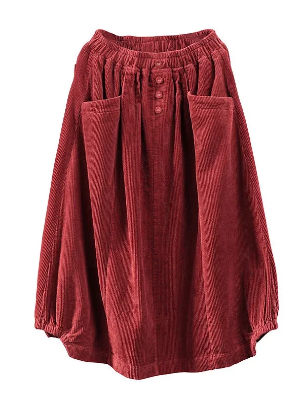 women-casual-elastic-waist-calf-length-fall-corduroy-skirt