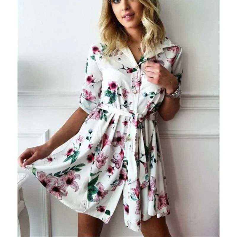 FashionSierra - Women High Waist Floral T Shirt Dress Elegant Long Sleeve V Neck Mini Dress Ladies Casual Wrap Tunic Sundress Streetwear