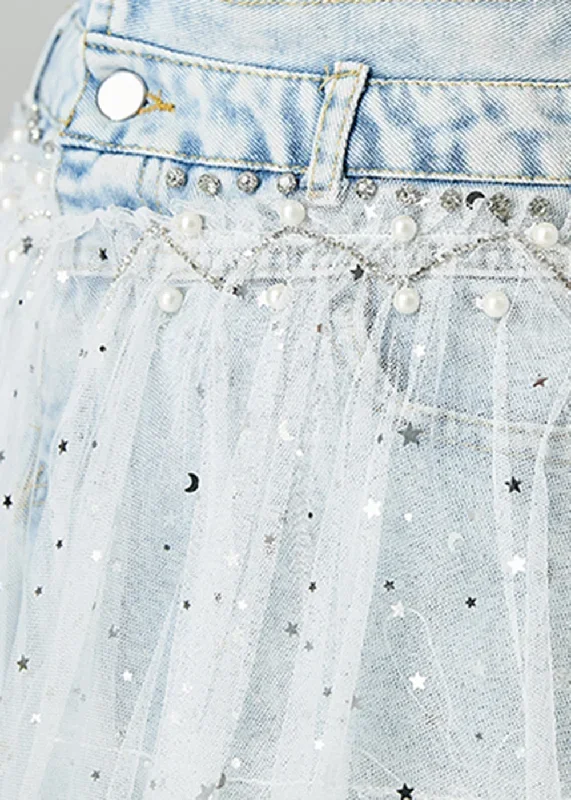 women-light-blue-elastic-waist-tulle-patchwork-denim-skirts-summer