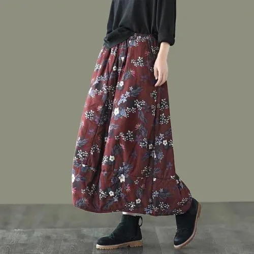 Women Loose Autumn Winter Padded Skirts Ladies Printed Cotton Linen Print Elastic Waist Skirts Female Vintage Skirt 2021