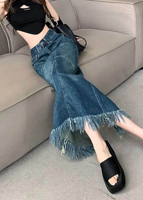 Women Navy High Waist Patchwork Tassel Denim Maxi Skirts Summer