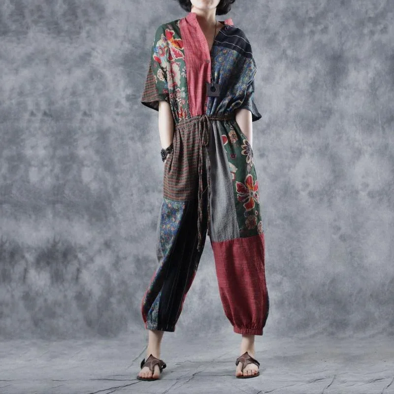 women-prints-patchwork-linen-short-sleeve-casual-drawstring-wide-leg-pants