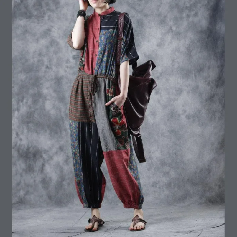 women-prints-patchwork-linen-short-sleeve-casual-drawstring-wide-leg-pants