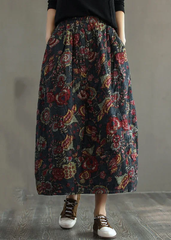 women-red-elastic-waist-patchwork-print-fine-cotton-filled-skirt-winter