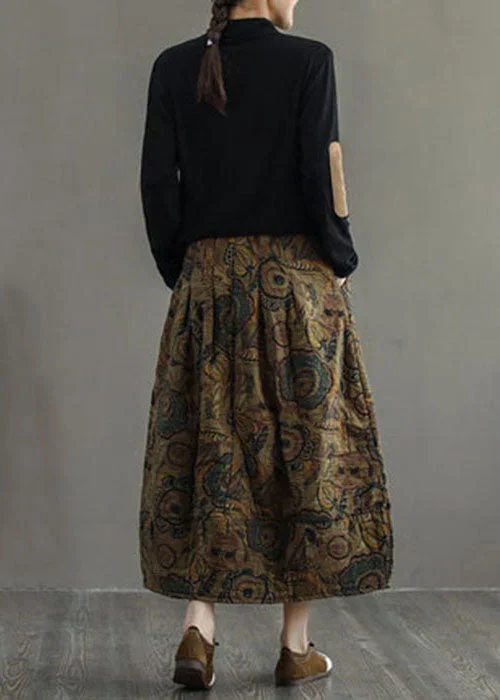 women-red-elastic-waist-patchwork-print-fine-cotton-filled-skirt-winter