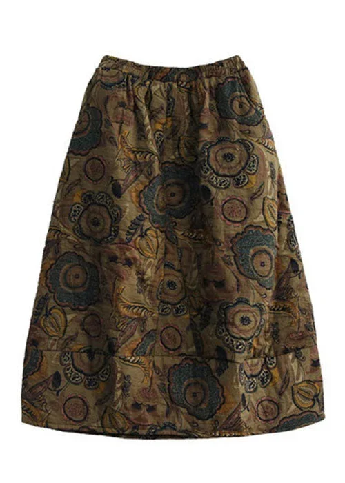 women-red-elastic-waist-patchwork-print-fine-cotton-filled-skirt-winter