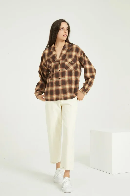 FashionSierra - WomenCasual Long Sleeve Loose  Plaid Blouse