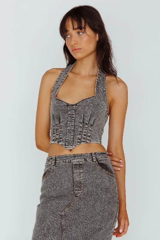 Zurich Halter Crop Top Denim Grey