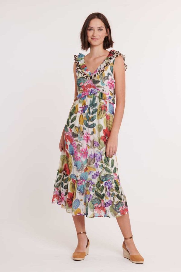 Robe mi-longue imprimée coton volants CEFIRO